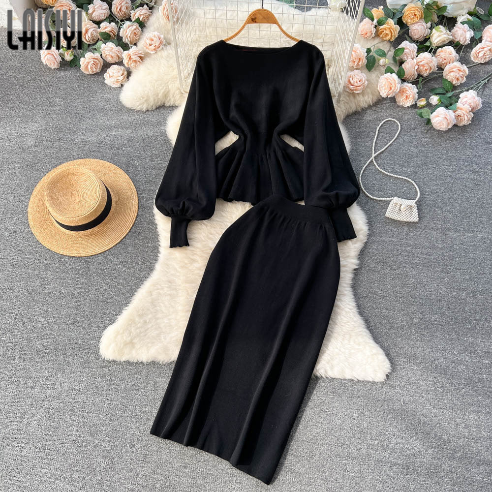 Autumn Women Set Knitting Costume Turtleneck Solid Color Pullover Sweater Slim Skirt Two Piece Suits Chic Casual Outfits