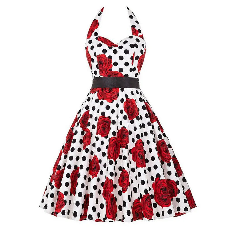 Polka Dot Dress Women Vintage Swing Halter Belt 50s 60s Rockabilly Prom Party Dresses Retro Feminino Vestidos 567