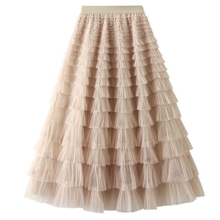 Summer Long Skirt Layered Ruffles Design Elegant Maxi Dress Office Women Commuting Party Attire Autumn Elegant Skirt Long apricot