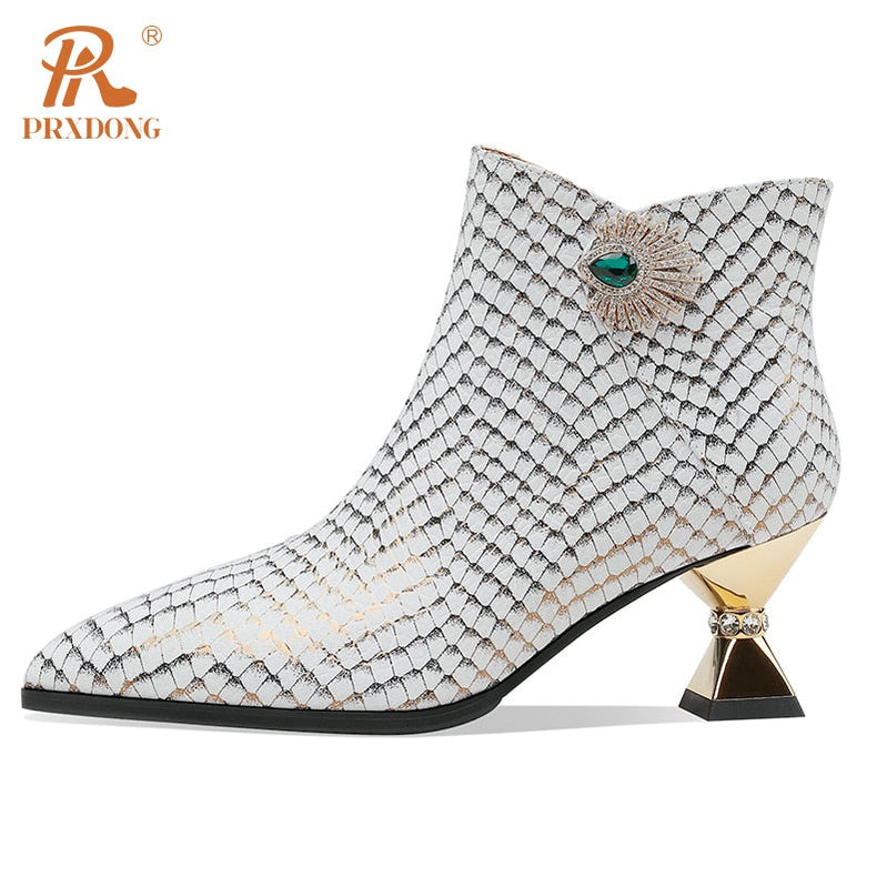 Elegant Side Zipper Women's Warm Ankle Boots Genuine Leather Pointed Toe High Heels Dress Party Wedding Office Lady Shoes Woman