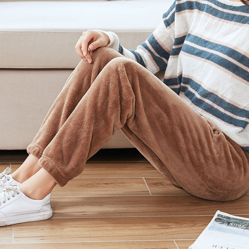 HELIAR Women Warm 2 Piece Sets Thicken Velvet Ribbed Fleece Set Pullover And Pants Casual Pajama Sets Women Autumn Winter KHAKI PANTS2 Fit For 40-75KG