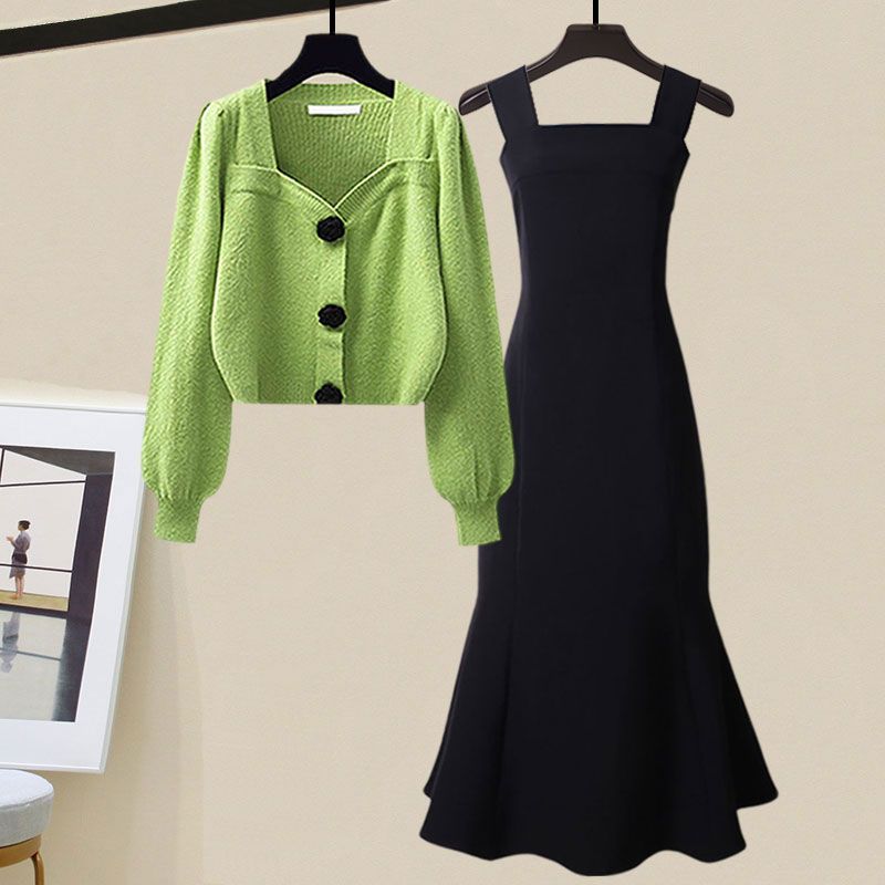Women's Spring Autumn Fashion Knitted Sweater+Strap Dress Two-piece Korean Elegant New in Matching Sets Female Skirt Suit Set 02