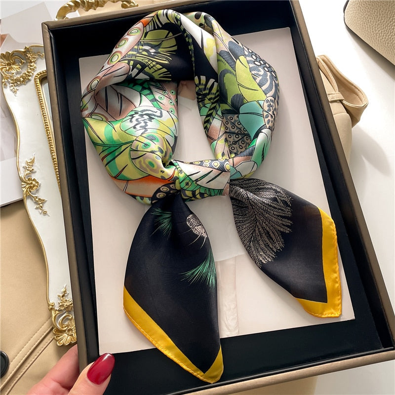 Fashion Hair Scarf for Women Decor Headband Ribbon Satin Silk Square Scarves Lady Wrist Wrap Shawls Design Bandana Foulard FJ722-4