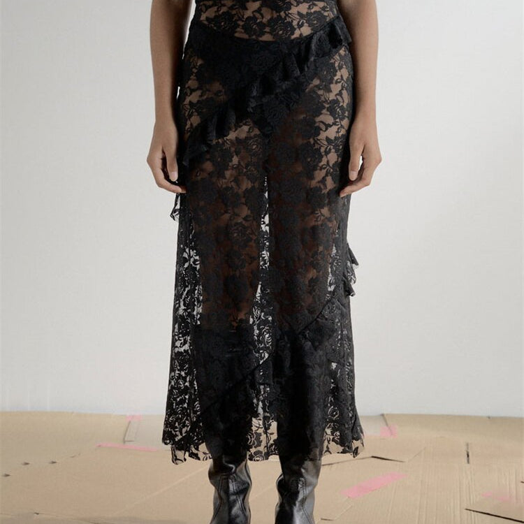 Tossy Lace Ruffled See-Through Maxi Skirt Women Slim Patchwork Party Holiday Women's Long Skirt Outfits Female Summer Maxi Skirt Black One Size