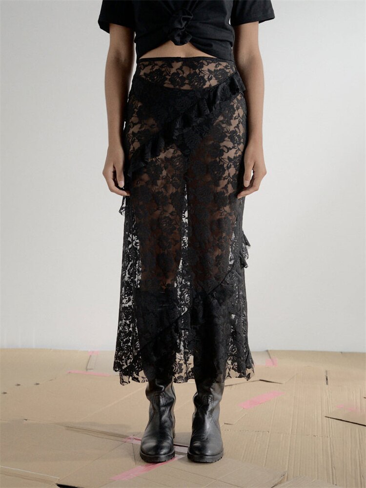 Tossy Lace Ruffled See-Through Maxi Skirt Women Slim Patchwork Party Holiday Women's Long Skirt Outfits Female Summer Maxi Skirt Black One Size