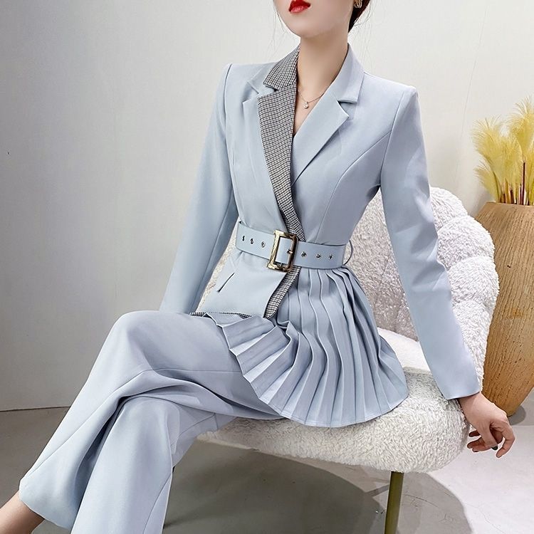 Dress Irregular Pleated Thin Blazers Coat OL Turn Down Collar Suit Cardigan Belted Jacket Tops + Long Pants Spring Fall 2pcs Set
