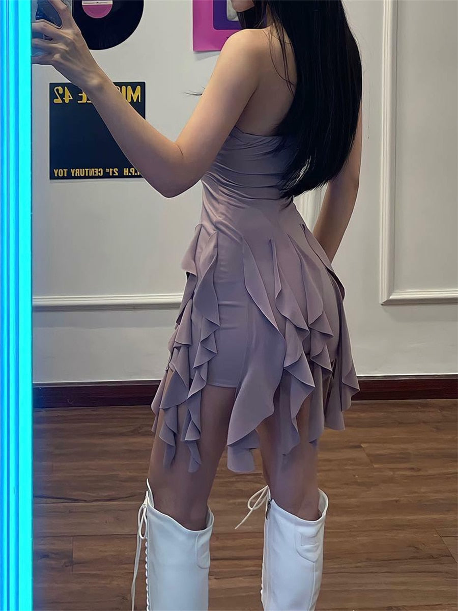 Summer Women Fairy Ruffle Tassels Bodycon Dress Women Off-Shoulder Strapless Irregular Mini Dress Streetwear