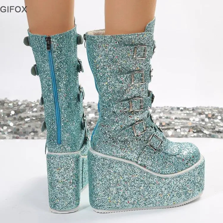 GIGIFOX Brand New Big Size 43 Black Pink Goth Cool Punk Motorcycle Boots Platform Wedges High Heels Chunky Boots Women Shoes green