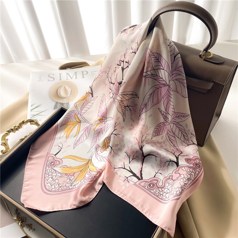 Luxury Print Satin Silk Square Scarf for Women Shawl Hijab Neckerchief Female Hair Ribbon Headband Fashion Wrap Bandana New FJ436-4