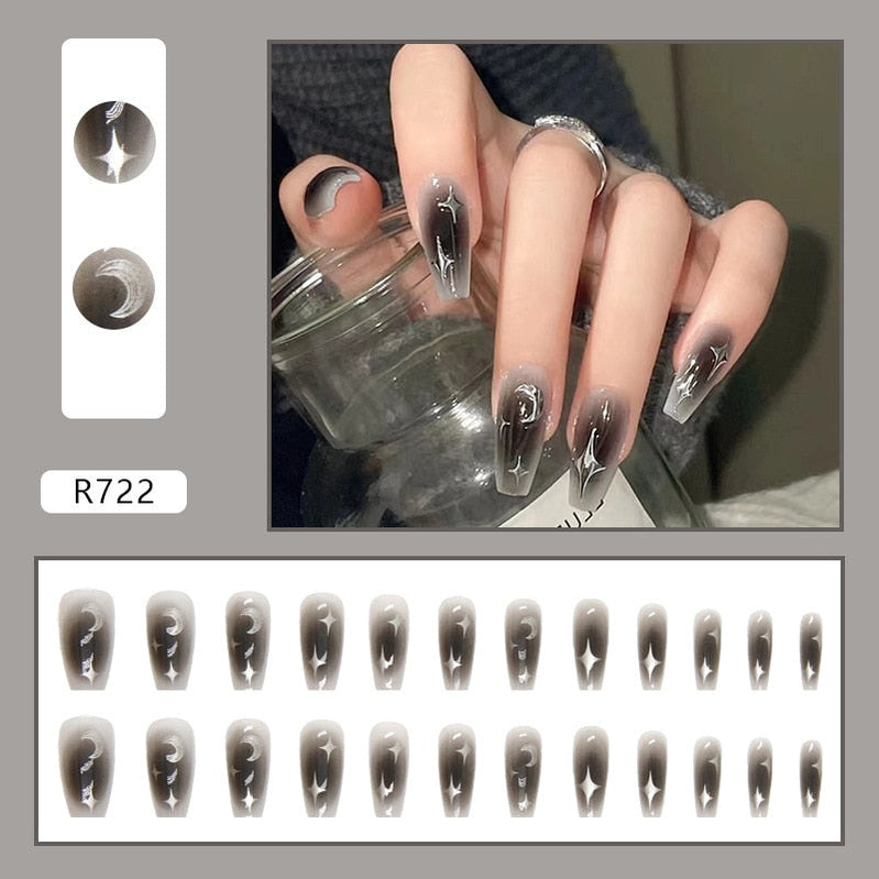 Y2k Fake Black Nail Long Ballet Reusable Adhesive Acrylic Press on set Nails Dark Acrylic Artificial False Nails Arts Tips 24pcs R722