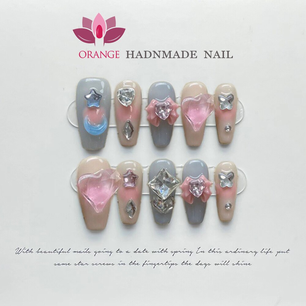 Handmade Korea Press on Nails Coffin Reusable Decoration Fake Nails Full Cover Artificial Manicuree Wearable Orange Nail Store Spain
