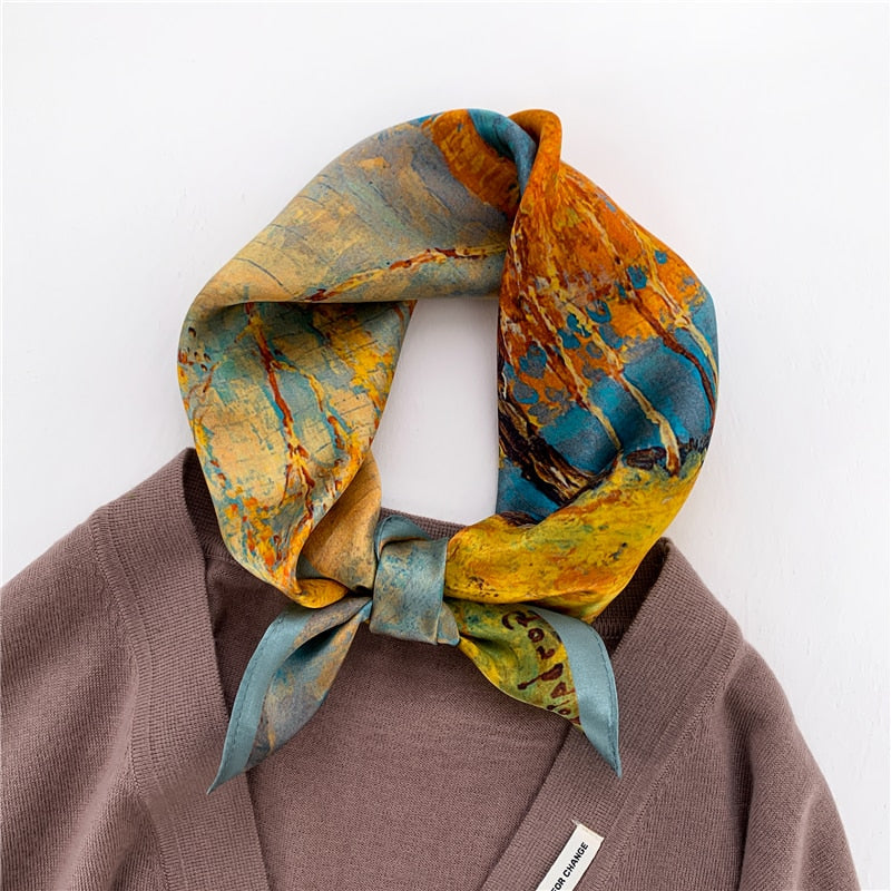 Fashion Designer Print 100% Natural Silk Square Scarves Women Hairband Neck Foulard Female Small Kerchief Bandana New