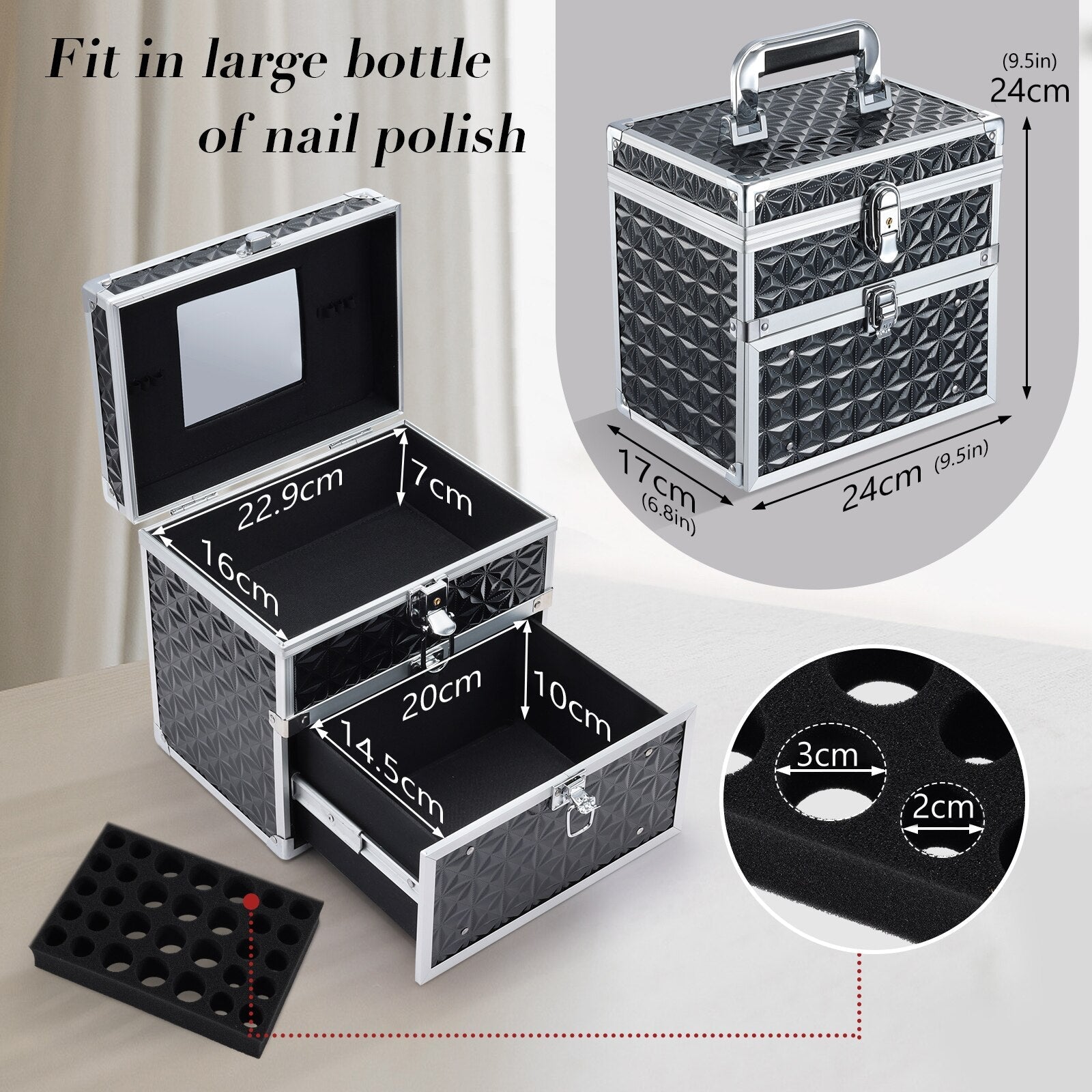 Portable Makeup Box Alloy Make up Train Case Manicure Polish Storage Organzier Beauty Suitcase with Mirror Drawer for Nail Tech