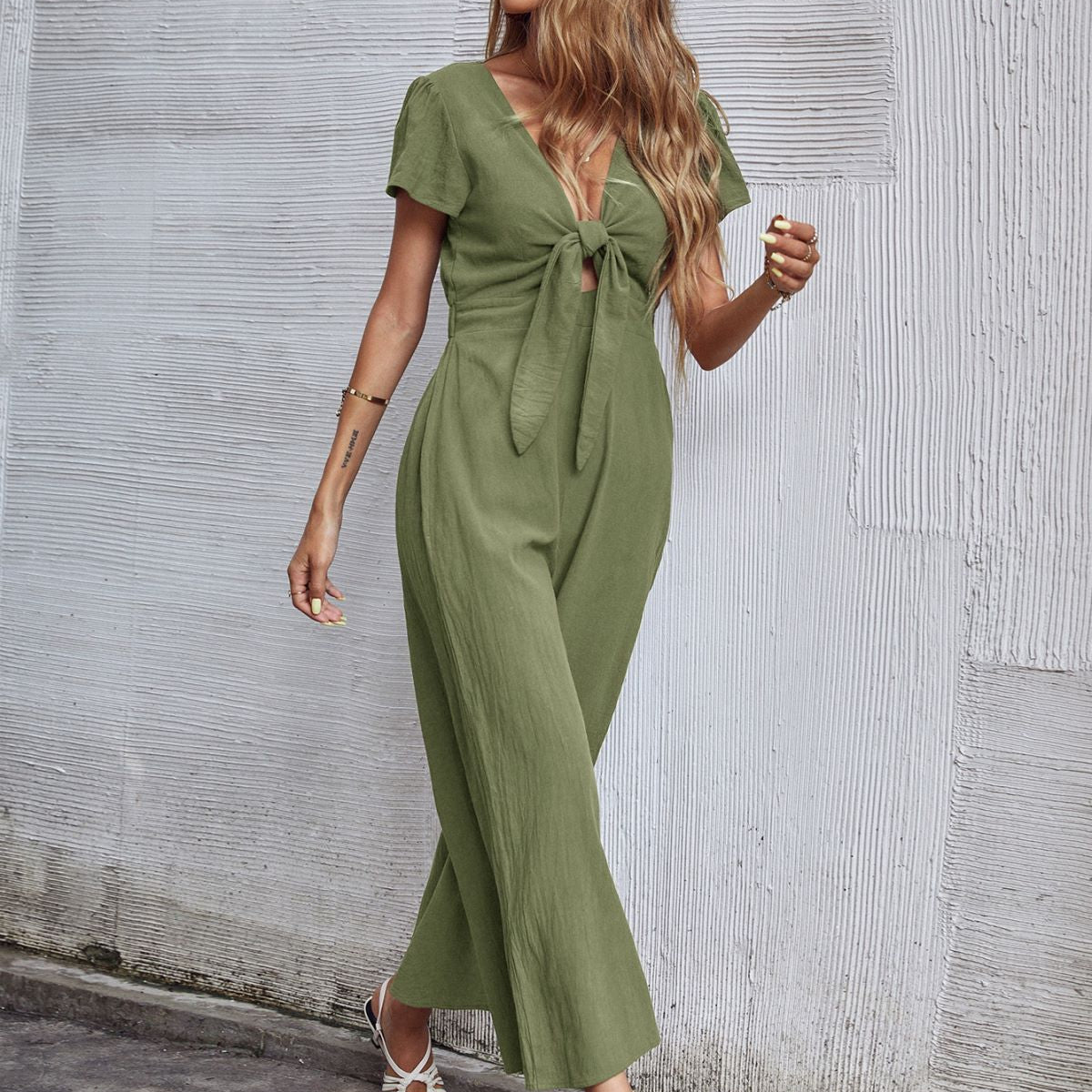 Summer New Sexy Nine Points Cotton Hemp Wide Leg Casual Jumpsuit