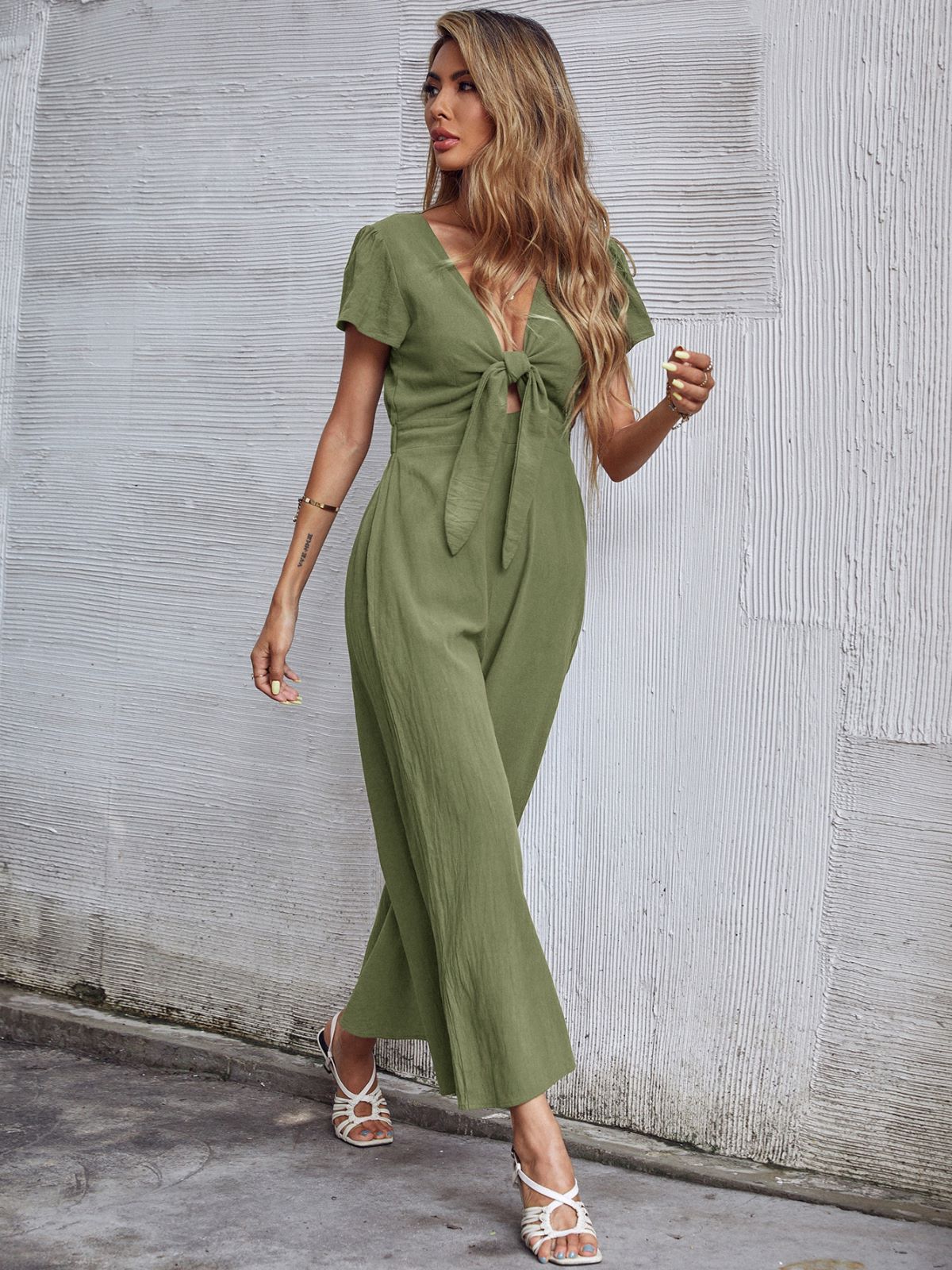 Summer New Sexy Nine Points Cotton Hemp Wide Leg Casual Jumpsuit