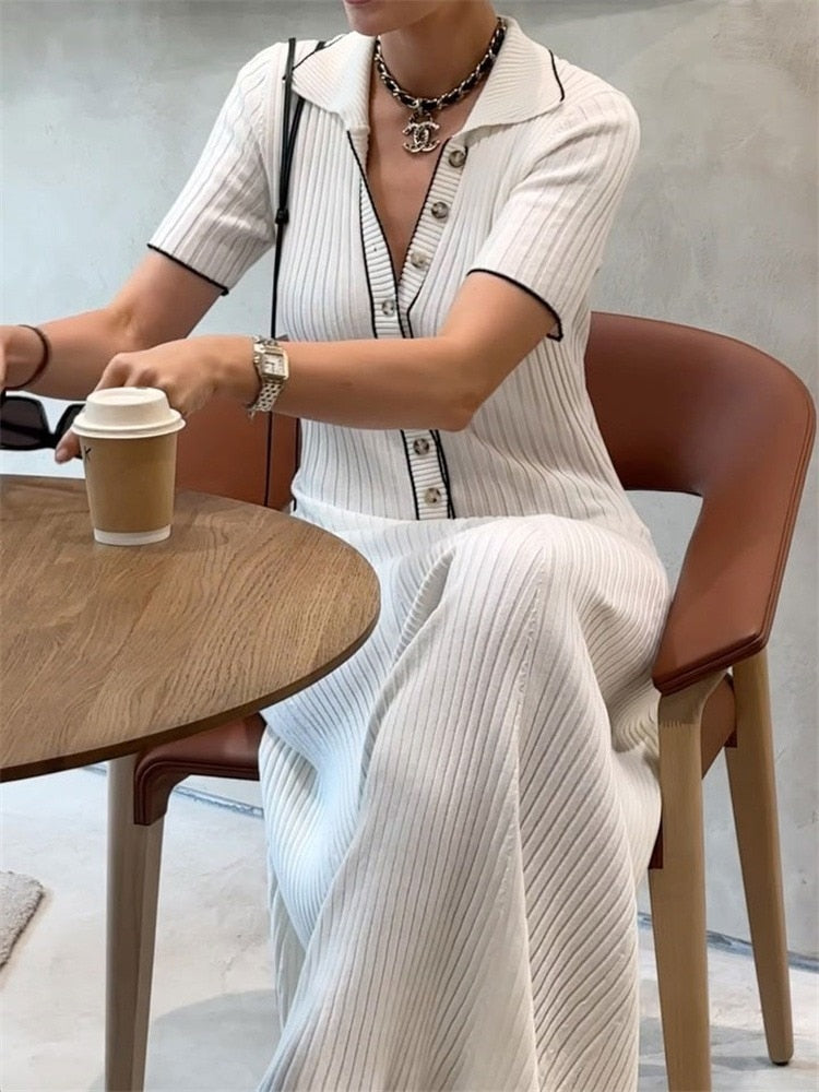 Tossy White Knit Fashion Maxi Dress Women Short Sleeve Patchwork Elegant Party Dress Knitwear Lapel High Street Women's Dress