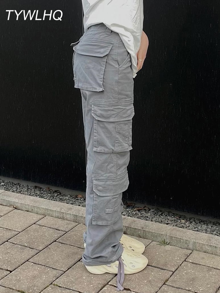Vintage Cargo Pants Baggy Jeans Women Fashion 90s Streetwear Pockets Wide Leg High Waist Straight Y2k Denim Trousers Overalls