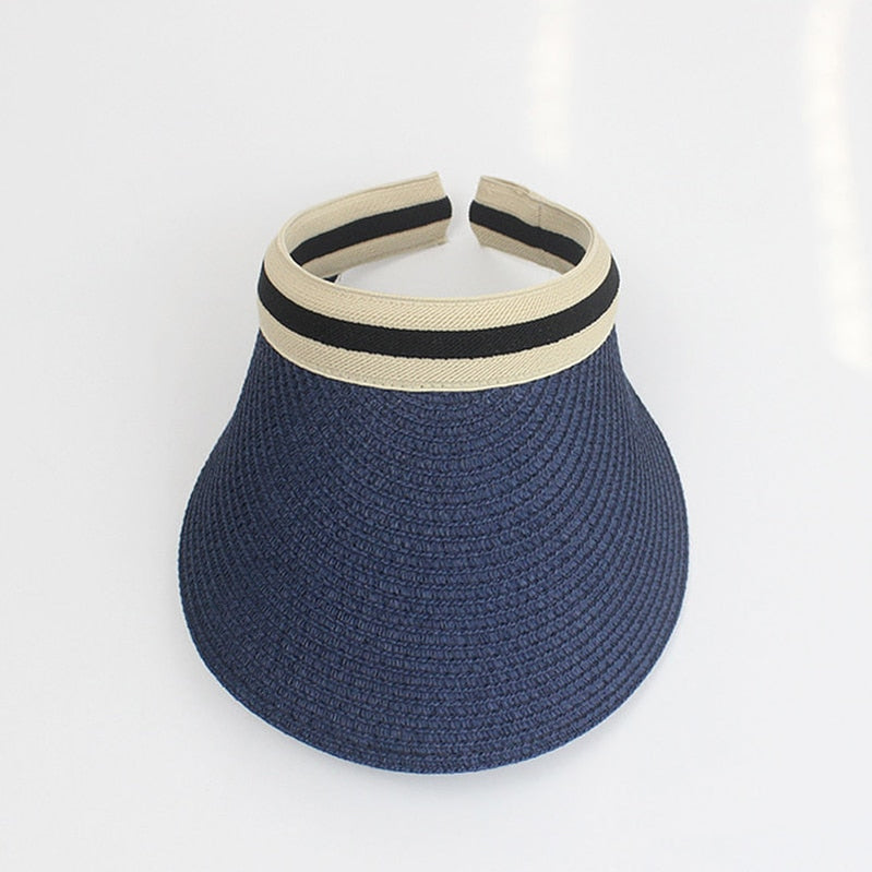 Summer Empty Top Sun Hat - Female Outdoor Visor Cap Casual Shade Hat Straw Wide Large Brim Beach Sunhat Lady 0672-Dark Blue