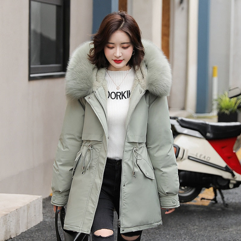 Women Parka Fashion Long Coat Wool Liner Hooded Parkas New Winter Jacket Slim with Fur Collar Warm Snow Wear Padded Clothes Green