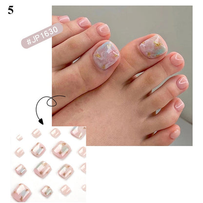 False Toenail 24Pcs/Box Toe Nail 3D Glitter Decor Press On Fake Nails With Glue Detachable Square Short Full Cover DIY Nail Tips