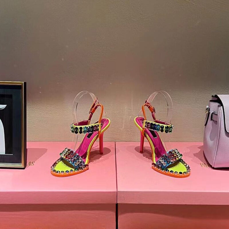 Colorful Crystal Rivets High Heels Buckle Women Sandals Evening Party Pumps Patchwork Women&#39;s Summer Shoes