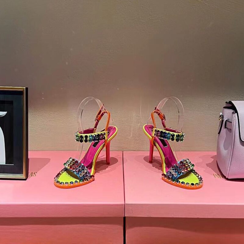 Colorful Crystal Rivets High Heels Buckle Women Sandals Evening Party Pumps Patchwork Women&#39;s Summer Shoes