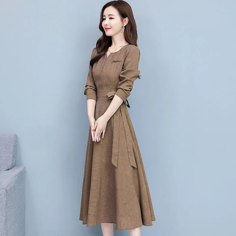 V-neck Elegant Fashion Long Sleeve Button Elastic Waist Belt Dress Comfortable Simple Solid Color Autumn Women's Clothing Khaki