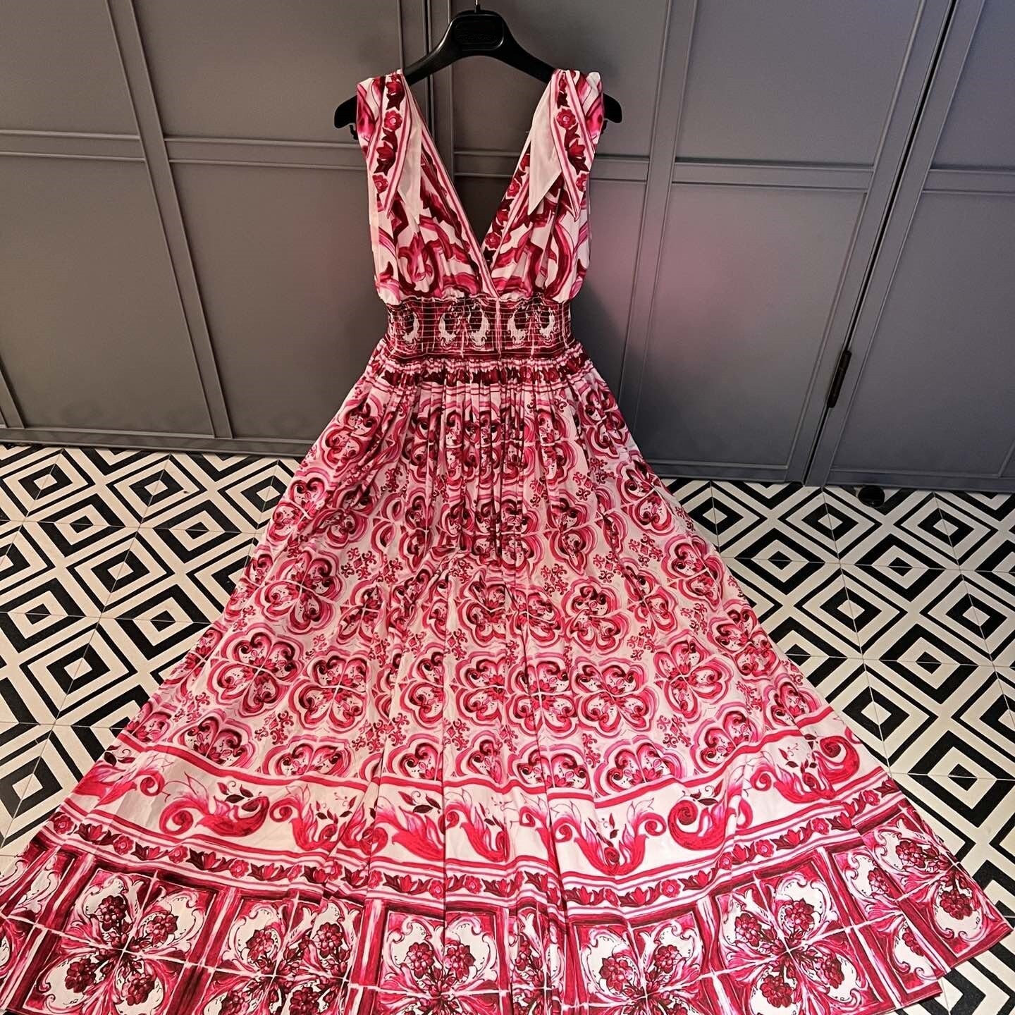 Summer Cotton Print Deep V-Neck Sleeveless Strap A-line Waist Wrap Large Hem Long Dress woman maxi skirt