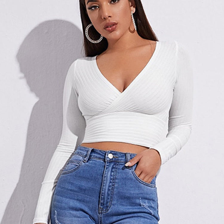 Women Casual Solid Long Sleeve Crop T-shirt Fashion V-Collar Bare Midriff Stretch Tops Ribbed Knitted Elastic Slim Skinny Tees White