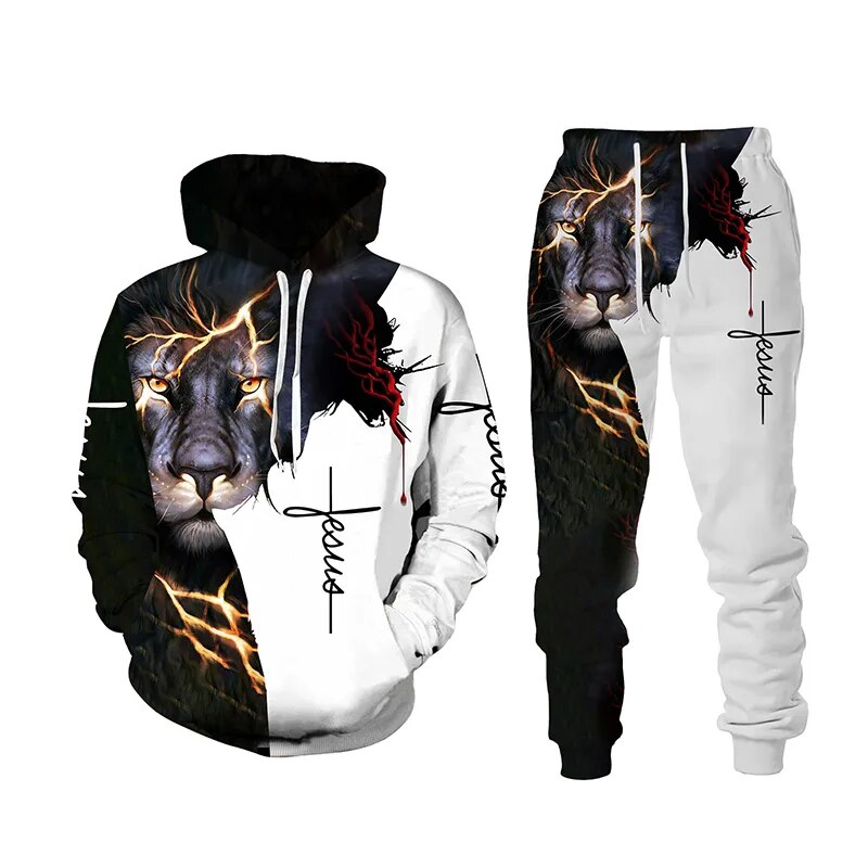 Autumn Winter Fashion Men Women Long Sleeve Lion 3d Printed JESUS Hoodie Sweatshirt and Pants Casual Men's Clothing Tracksuit 8 Spain