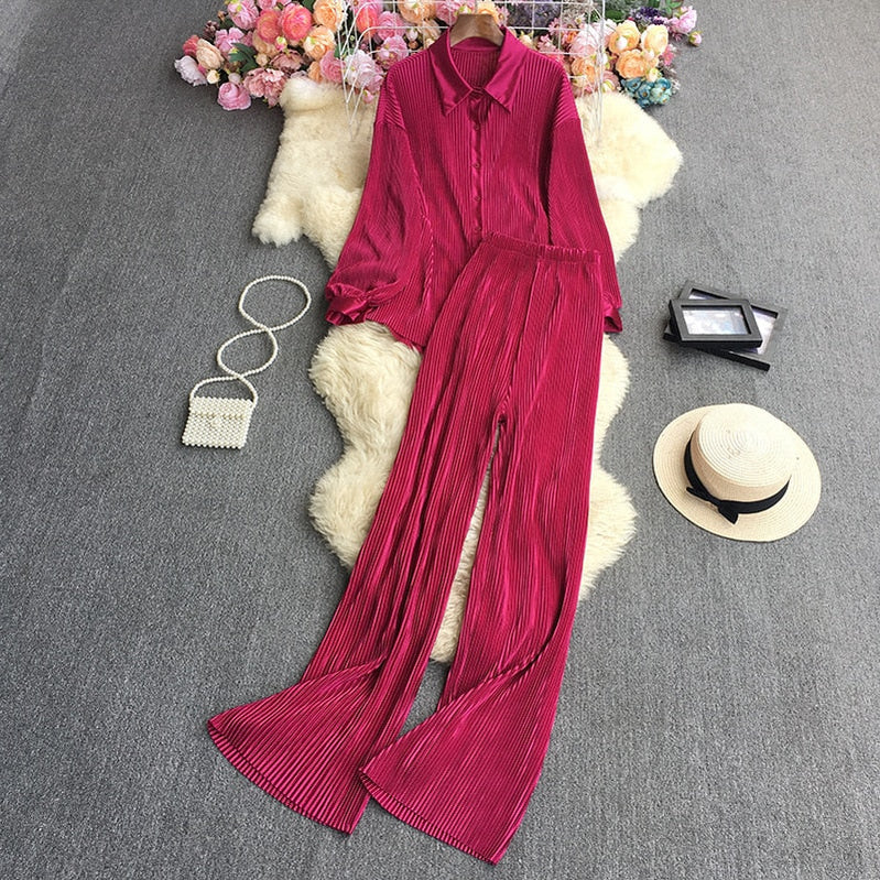 Casual Women Elegant Pleated Two Piece Set Long Sleeve Shirt And Wide Leg Pant Suits Loose Office Lady Outfits Autumn red One Size