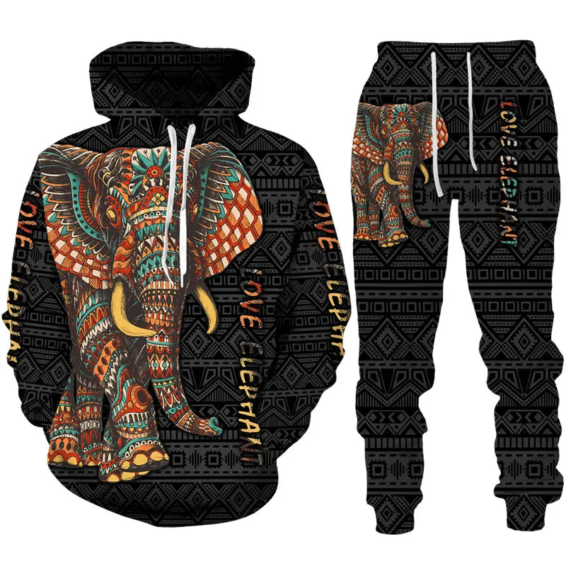 Autumn And Winter Male 3D Elephant Print Hoodie Pants Suit Casual Jogging Clothing Set Men Tracksuit Pullover Fashion Men's Suit 1 Spain