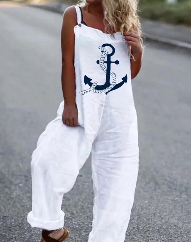 Woman Summer Jumpsuits Fashion Anchor Print Suspender Jumpsuit Casual Sexy Sleeveless Romper Elegant Streetwear C