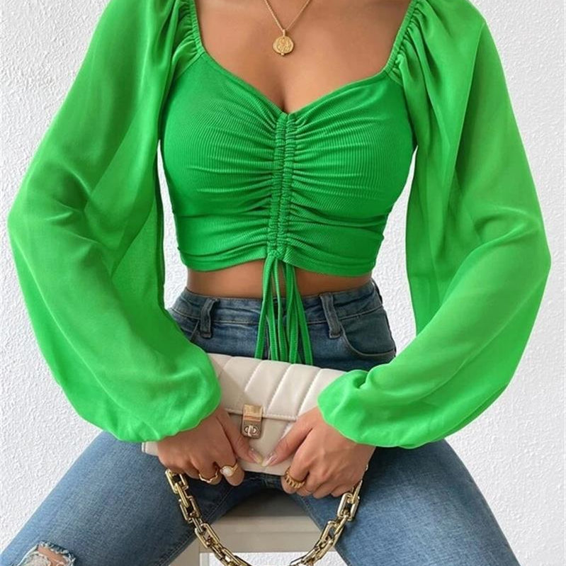 Sexy V-neck Women T Shirt Casual Drawstring Crop Tops Tee Ladies Blusas Summer Short Tshirt Woman Clothes Long Sleeve T Shirt Grass green