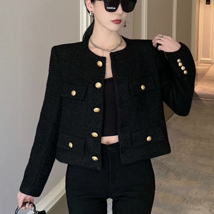 Fall Winter French Vintage Small Fragrant Tweed Jacket Coat Women Elegant Casual Woolen Short Coats Streetwear Outwear Crop Top Black