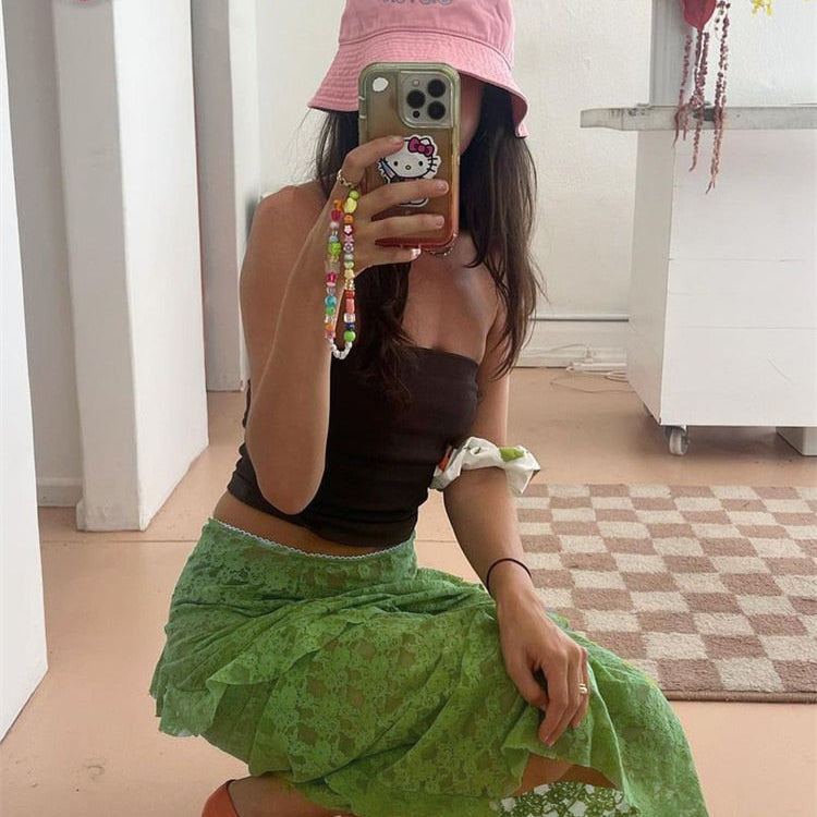 Tossy Lace Ruffled See-Through Maxi Skirt Women Slim Patchwork Party Holiday Women's Long Skirt Outfits Female Summer Maxi Skirt