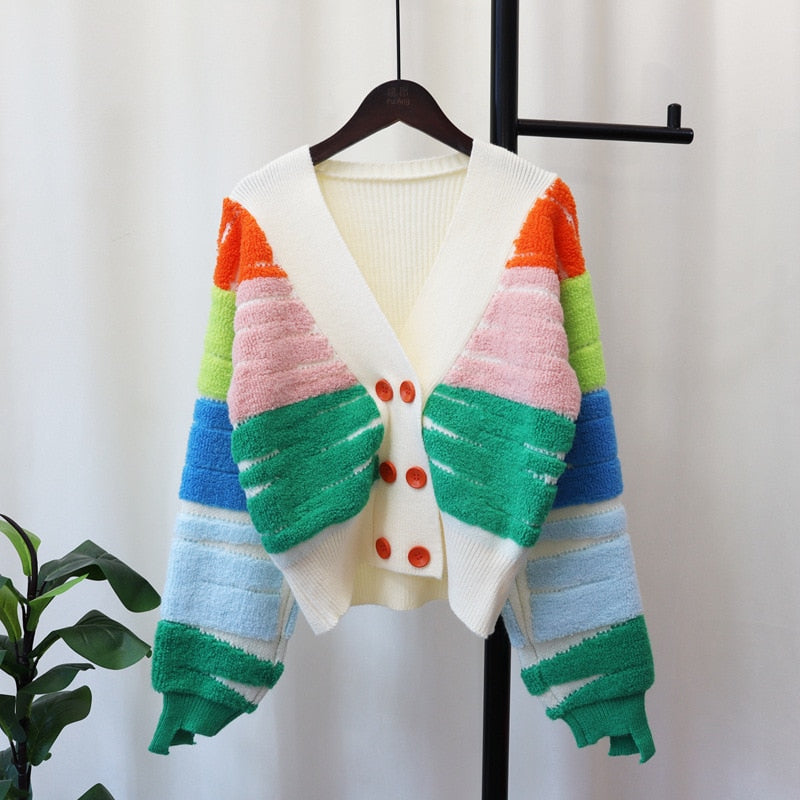 Cardigan coloré à rayures arc-en-ciel pour femme, pull d'automne et d'hiver, col en v, hauts en tricot, tenue Dopamine 