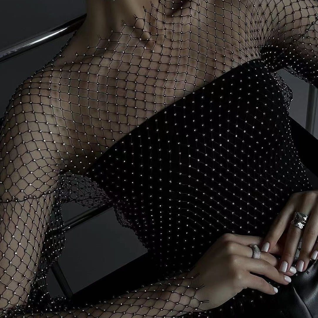 Sexy Mesh See Through T Shirt Shiny Rhinestone Fishnet Hollow Out Women Sexy Crop Top Long Sleeve Camis Cover Up Party Tank Tops
