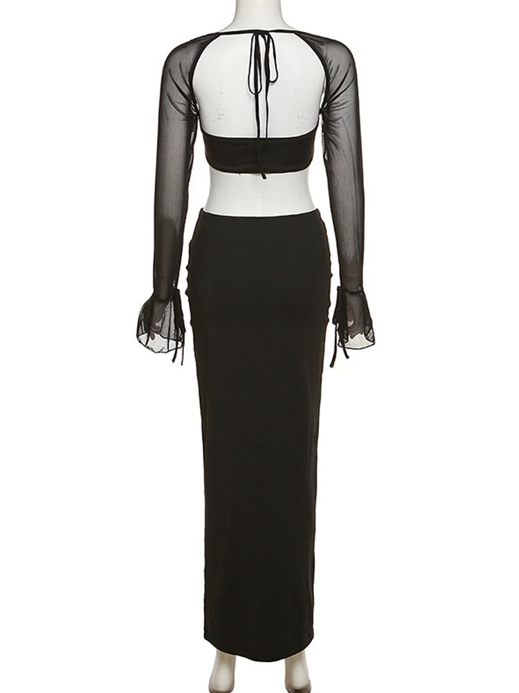 Townlike Yellow Backless Sexy Two Piece Set Lace Up Top Hollow Out Long Skirt Women Set Elegant Party 2 Piece Set Women Set