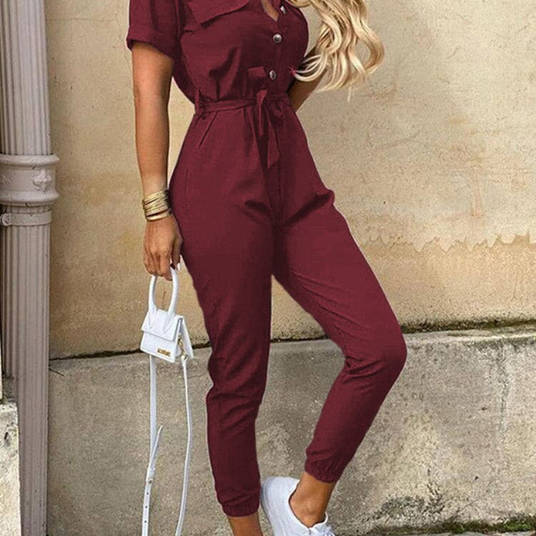 Overalls for Women New Casual Lapel Lace-up Print Belt Work Jumpsuit Women One Pieces Bodysuit Women Chic and Elegant Jumpsuits