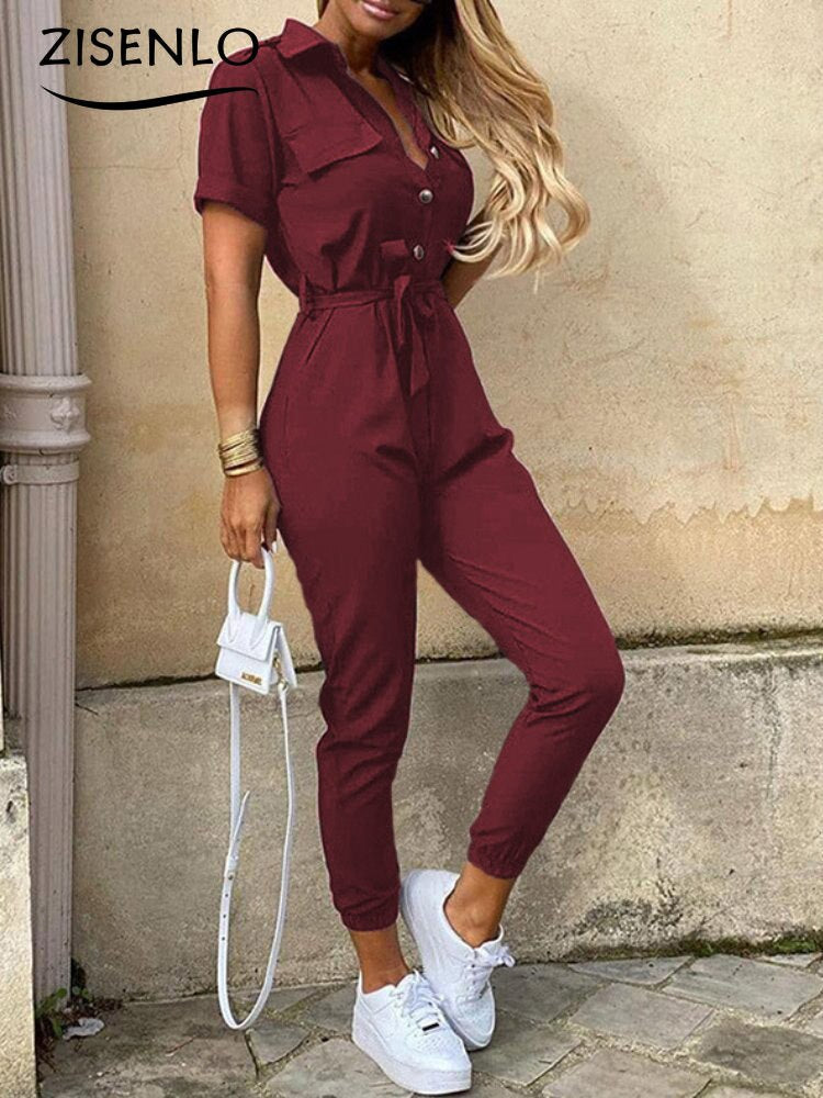 Overalls for Women New Casual Lapel Lace-up Print Belt Work Jumpsuit Women One Pieces Bodysuit Women Chic and Elegant Jumpsuits