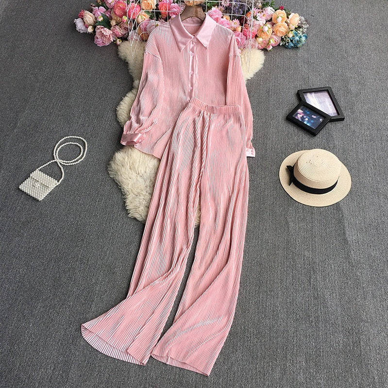 Casual Women Elegant Pleated Two Piece Set Long Sleeve Shirt And Wide Leg Pant Suits Loose Office Lady Outfits Autumn Pink One Size