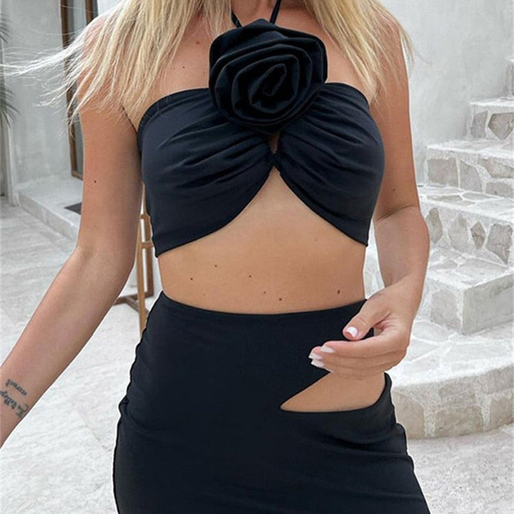 Nsauye Summer Casual Beach Women Sexy Club Skirt Suit Hollow Out Skinny Halter Crop Tops And Long Wrap Skirt Two Piece Set