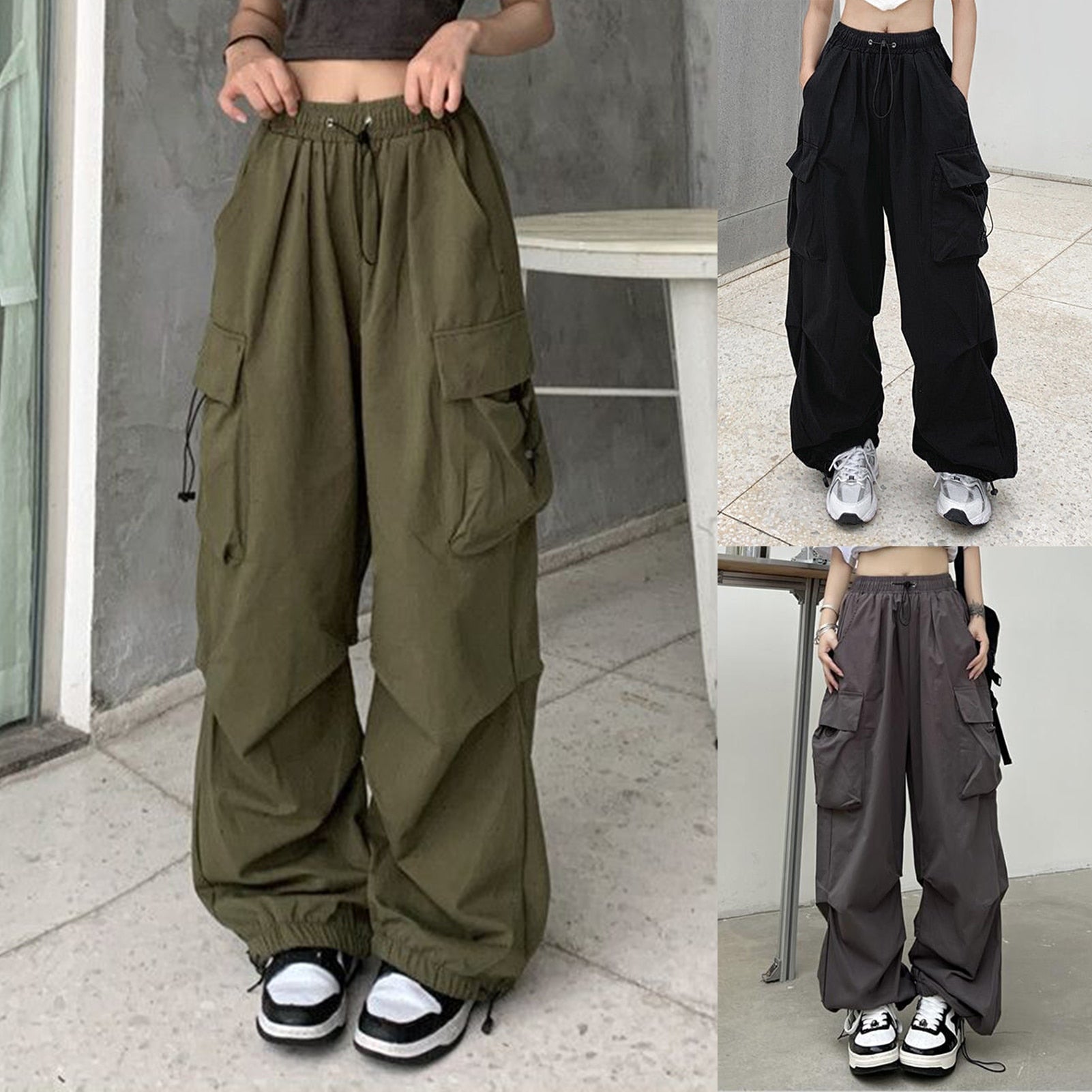 Modne swobodne spodnie ładunkowe w stylu amerykańskim kobiety swobodne spodni spodni elastyczne talia vintage z kieszeniami stały kolor streetwear