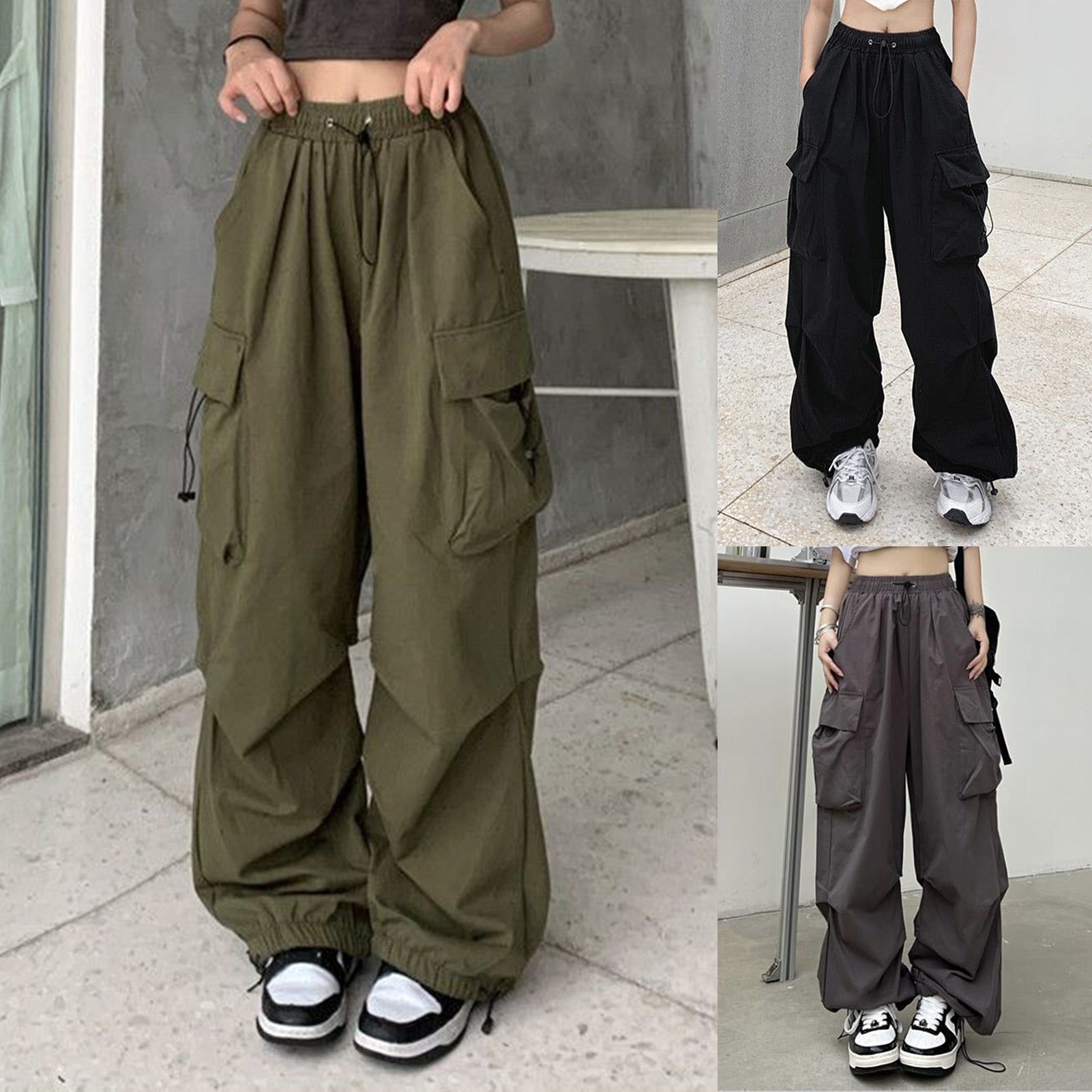 Mode lässige Frachthose Amerikanische Frauen lässige Cargohose Elastizier Taille Vintage mit Taschen Solid Color Streetwear