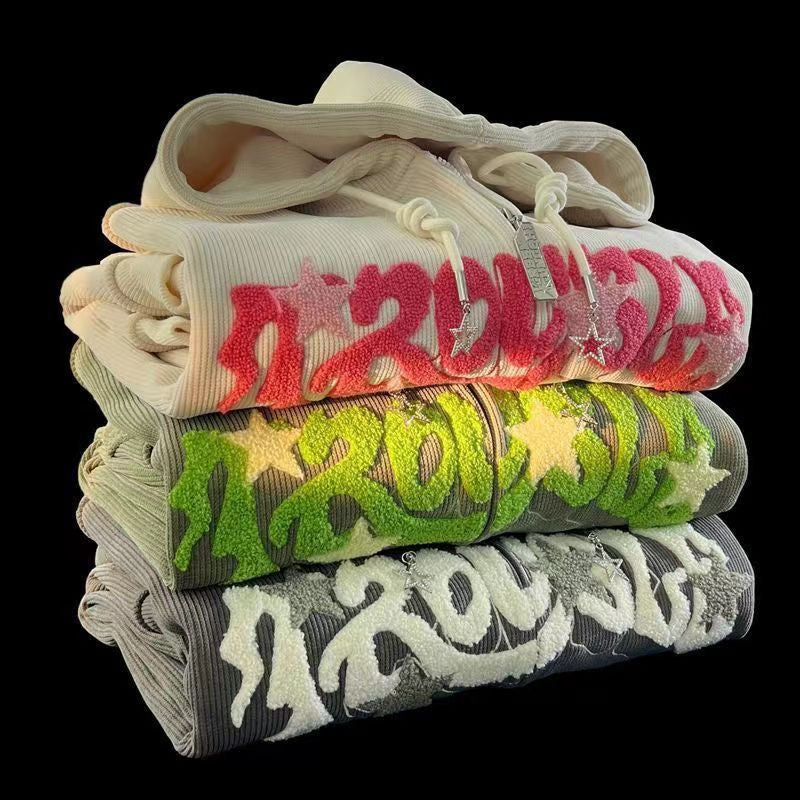 Women Letter Embroidered Hoodies Autumn Winter Vintage Zip Up Loose Hooded Sweatshirts Harajuku Y2K Long Sleeve Jacket Clothes