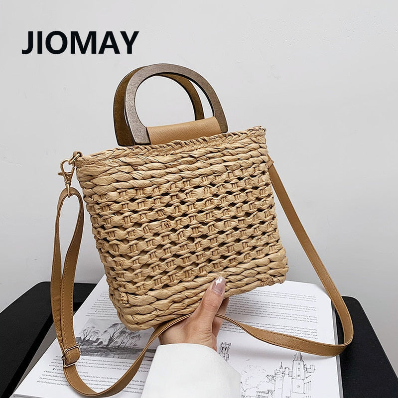 Jiomay Luxus -Taschen für Frauen Strohbeutel Webbeutel Designer Handtasche Sommer 2023 Geldbeutel Kordelstring Strand Umhängetasche
