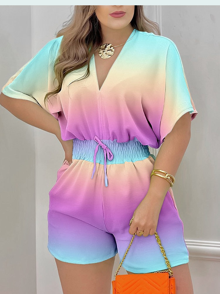 Summer Women Print Jumpsuit Fashion Casual Playsuit V-neck Elegant Romper New Holiday Short Sleeve Outfits Streetwear Jumpsuit Beige