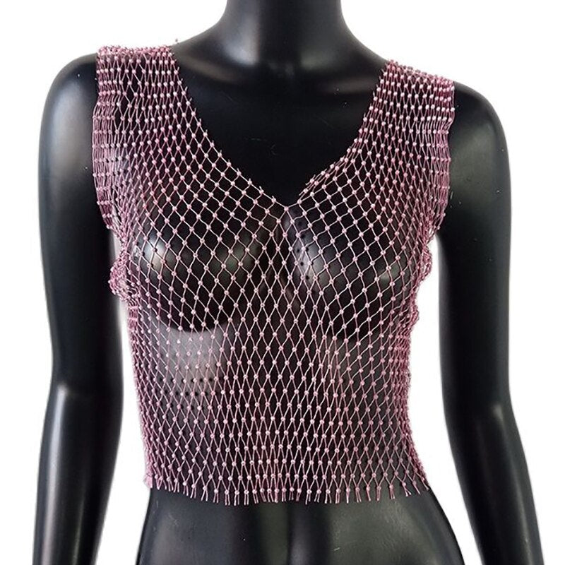 Women's Fishnet Rhinestone Crop Top 2023 Summer Sexy Mesh High Elastic Black White Shirt Net See Through Rave Diamond Tank Top Pink V neck