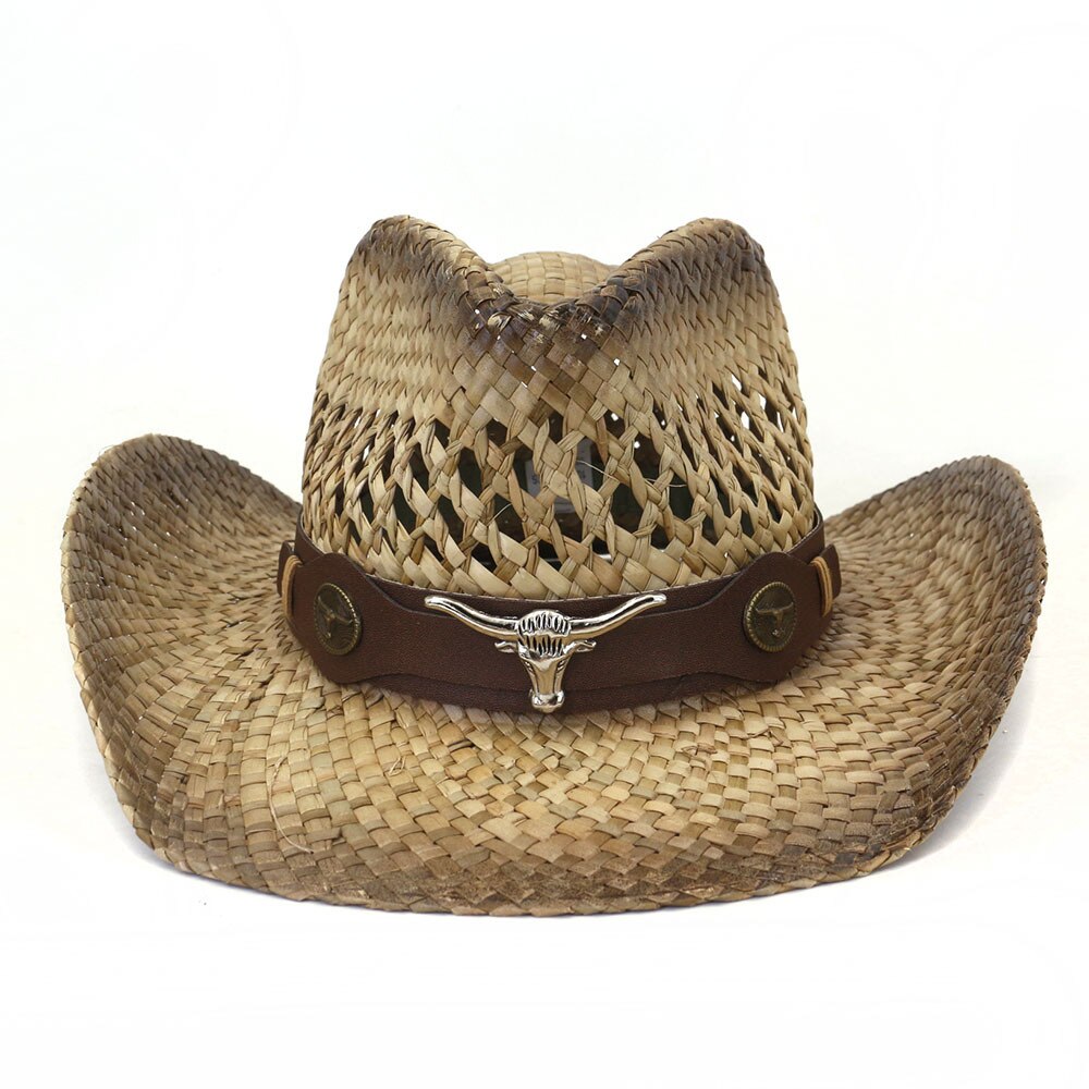 Cowboy hat fashion hollow handmade cowboy straw hat men&#39;s summer outdoor travel beach hat unisex solid color western cowboy hat 21 M55-58cm